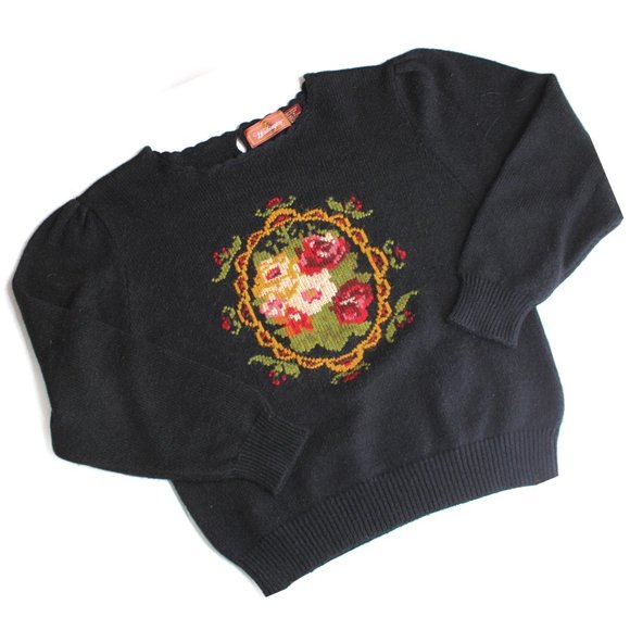 Vintage Worthington Sweaters - Vintage Puff Sleeve Sweater Black Floral Medallion Knit Scallop Neck Ribbed Trim